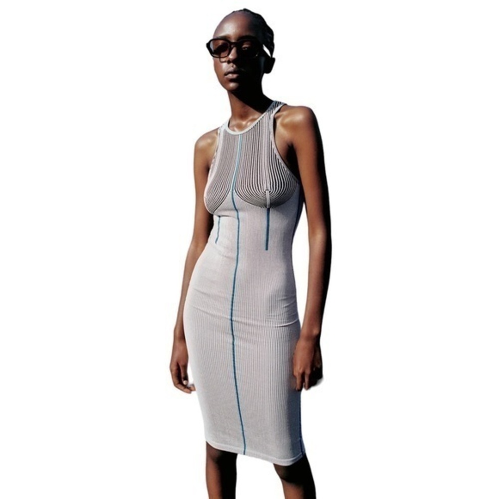 Zara Halter Ribbed Body-Con Nipple Tassel Decor Midi Dress in White & Blue